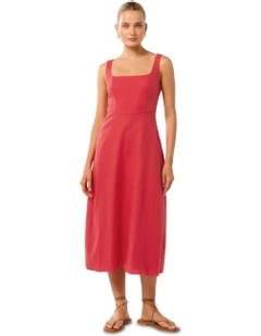 Tori Square Neck Linen Midi Dress in Red