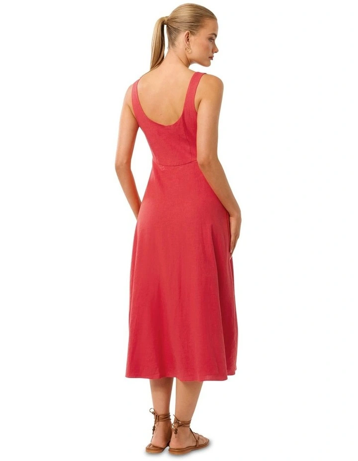 Tori Square Neck Linen Midi Dress in Red image 2