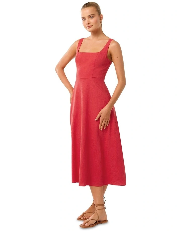 Tori Square Neck Linen Midi Dress in Red image 3
