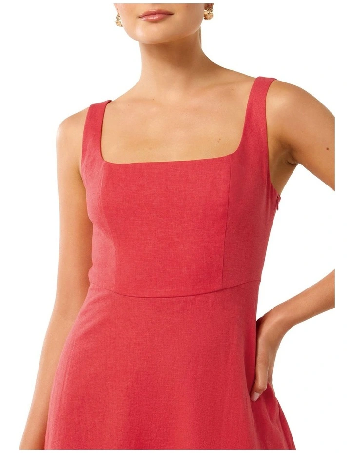 Tori Square Neck Linen Midi Dress in Red image 4