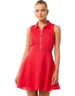 Nina Zip Front Collared Linen Mini Dress in Heirloom Tomato