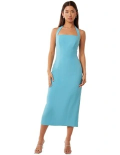 Veronica Halter Bodycon Midi Dress in Blue