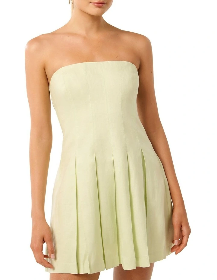 Susie Strapless Pleated Linen Mini Dress in Yellow image 4