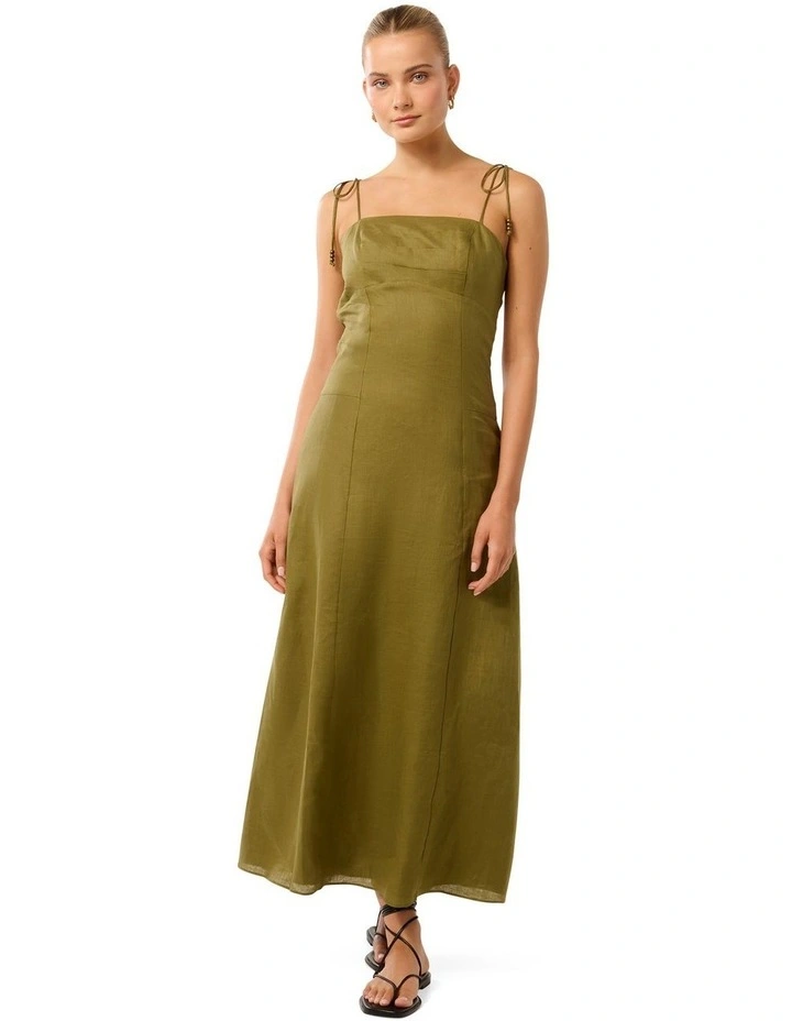 Forever New Rita Beaded Tie Linen Midi Dress in Olive Branch | MYER Forever New Rita Beaded Tie Linen Midi Dress in Olive Branch | MYER