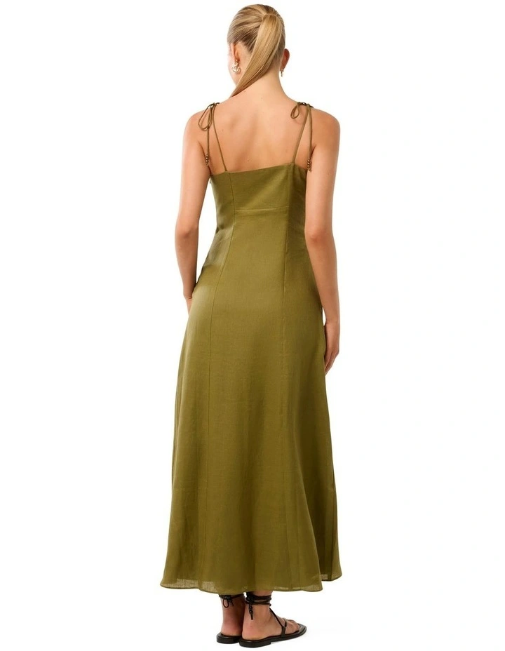 Rita Beaded Tie Linen Midi Dress in Olive Branch image 2