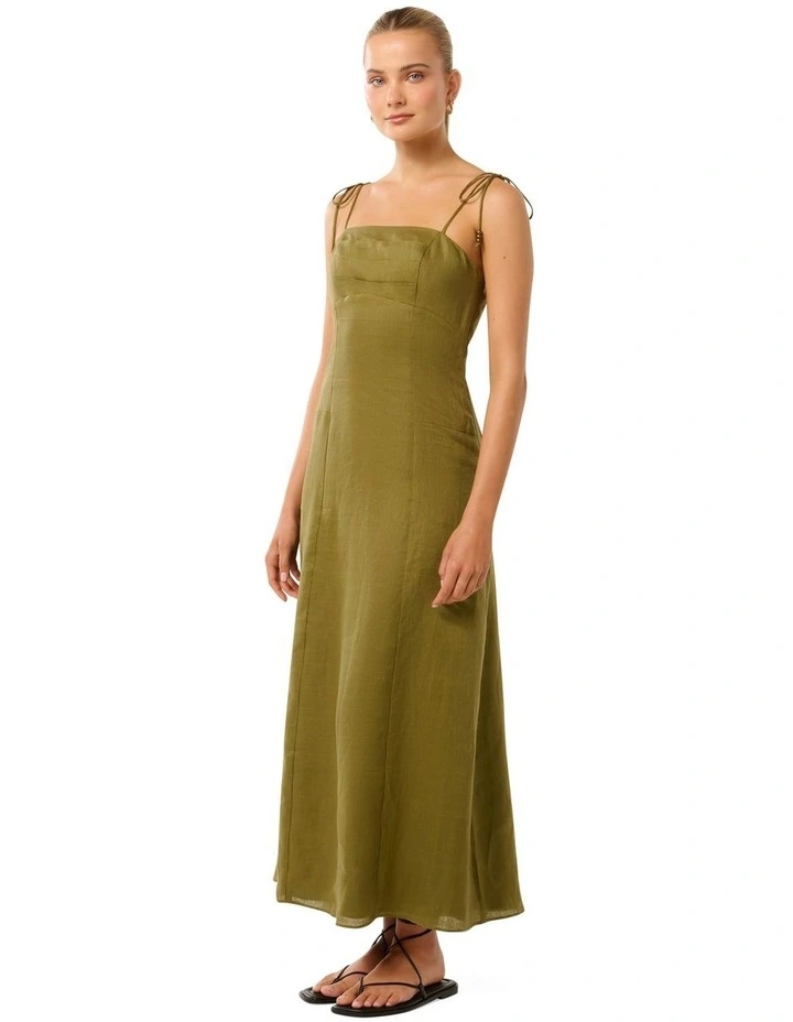 Rita Beaded Tie Linen Midi Dress in Olive Branch image 3