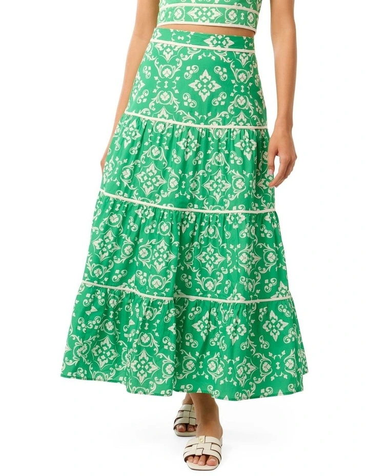 Mona Binding Tiered Midi Skirt in Green image 1