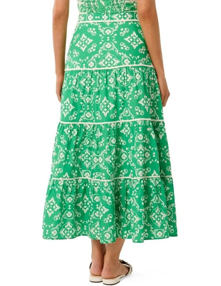 Mona Binding Tiered Midi Skirt in Green image 2