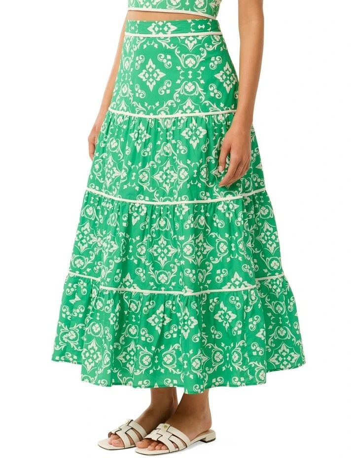 Mona Binding Tiered Midi Skirt in Green image 3