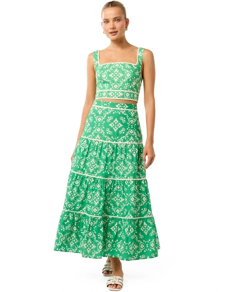 Mona Binding Tiered Midi Skirt in Green image 5