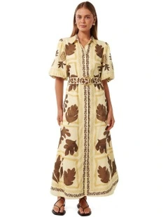 Nora Printed Linen Shirt Maxi Dress in Aurora Tropical