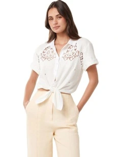 Olivia Embroidered Tie Front Shirt in White