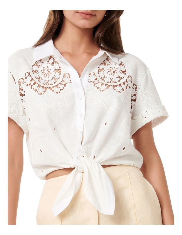 Olivia Embroidered Tie Front Shirt in White image 4