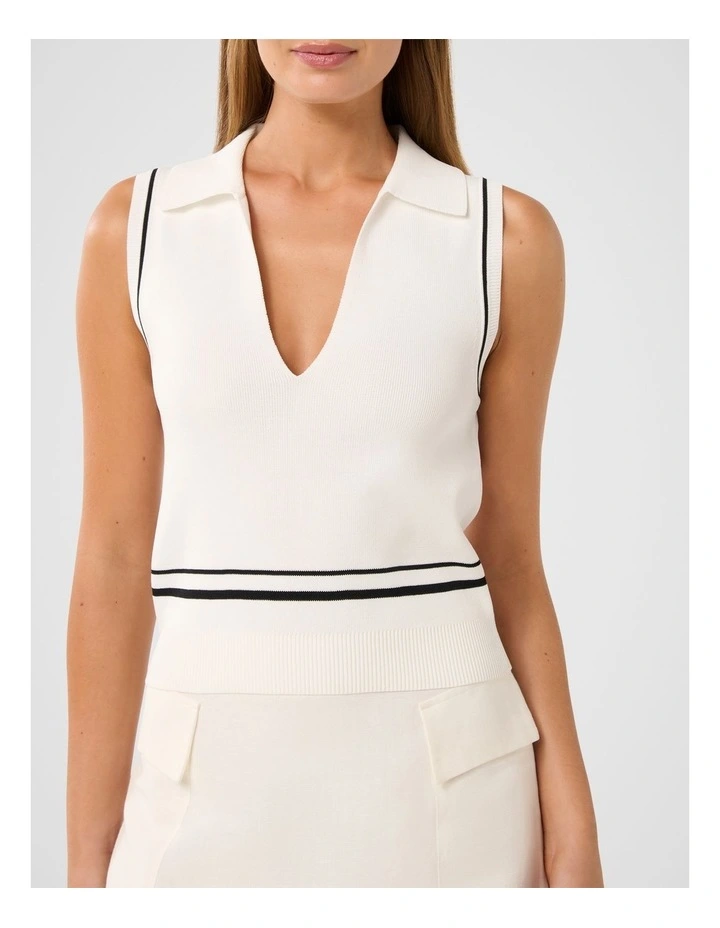 Bridgette Tipped Sleeveless Polo Top in White image 4