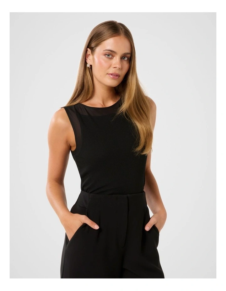 Cora Sheer Mesh Trim Tank Top in Black image 3
