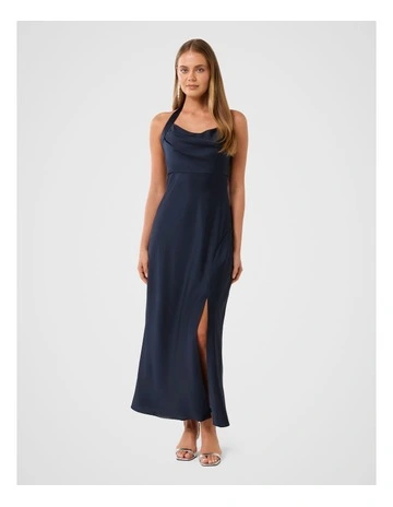 Alice Halter Neck Satin Maxi Dress in Navy
