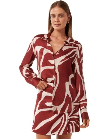 Harvey Notched Neck Satin Shirt in Brown