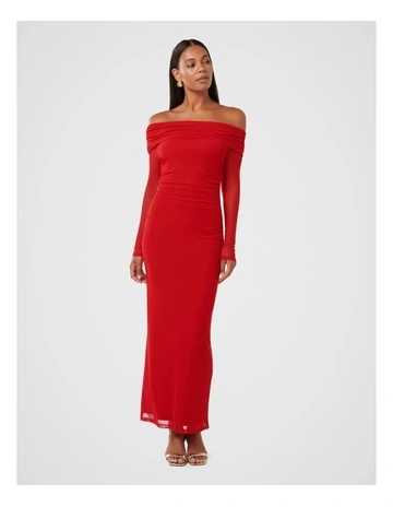 Minnie Mesh Bardot Midi Dress in Red