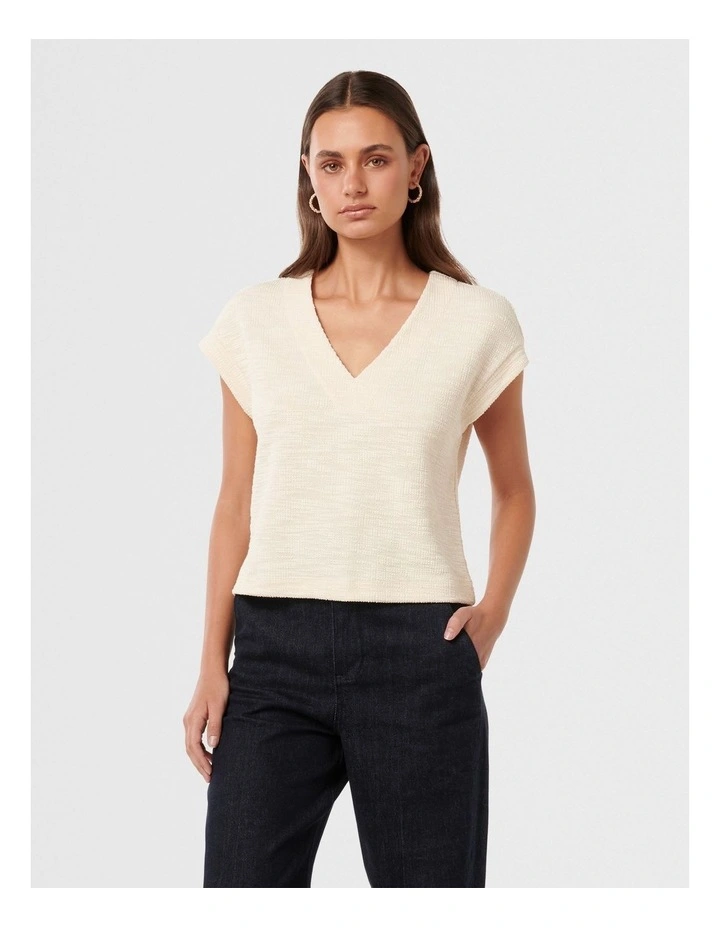 Carley Boucle V Neck Top in Cream image 1