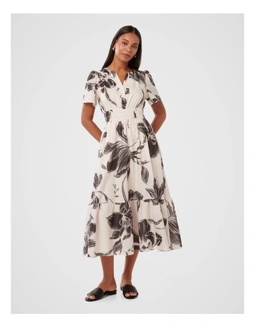Eleanor Short Sleeves Linen Midi Dress in Multi