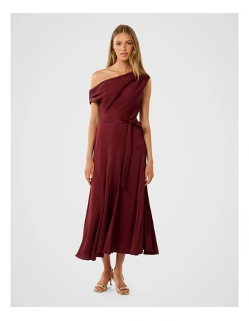 Megan Satin Asymmetrical Midi Dress in Red