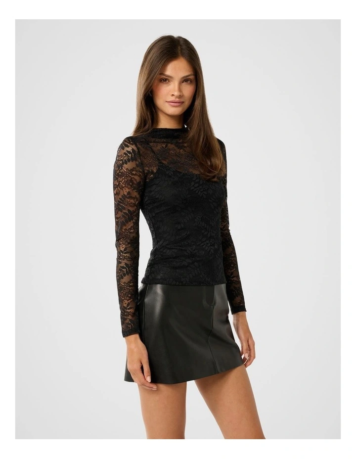 Henley High Neck Lace Top in Black image 3