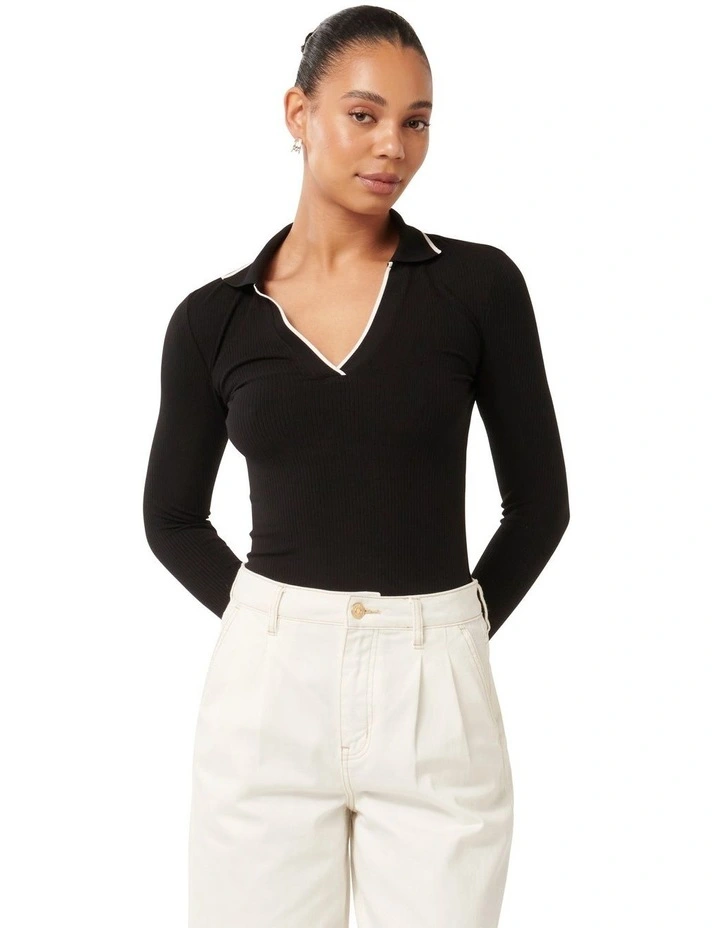 Reina Contrast Long Sleeves Polo Top in Black image 1