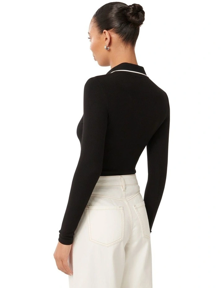 Reina Contrast Long Sleeves Polo Top in Black image 2