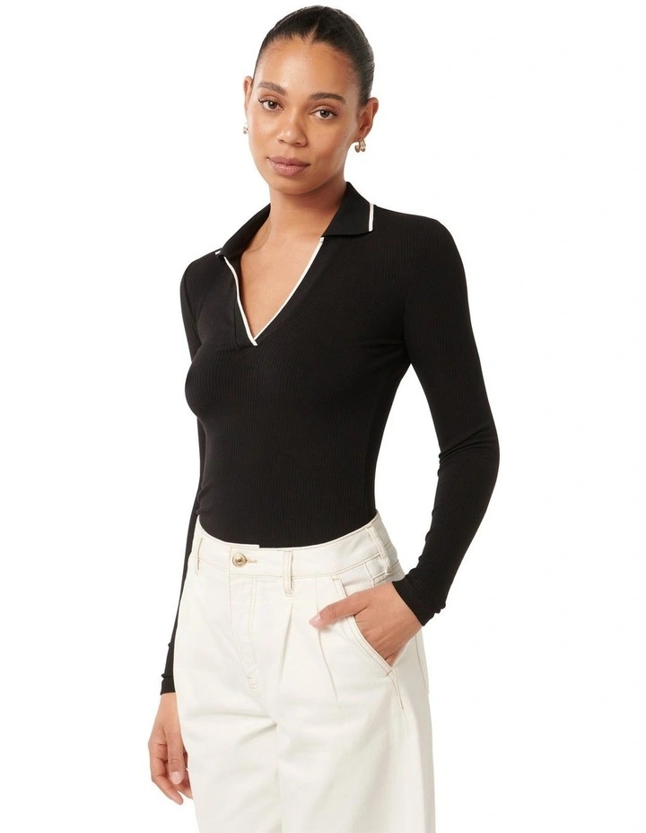 Reina Contrast Long Sleeves Polo Top in Black image 3