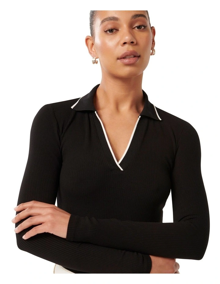 Reina Contrast Long Sleeves Polo Top in Black image 4