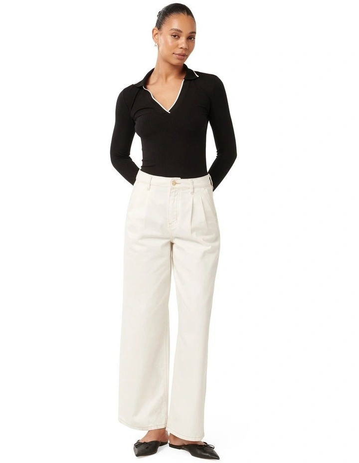 Reina Contrast Long Sleeves Polo Top in Black image 5