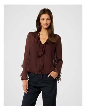 Alix Sheer Ruffle Blouse in Chocolate