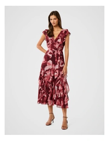 Naya Ruffle Midi Dress in Red