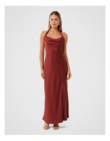 Alice Halter Neck Satin Maxi Dress in Red