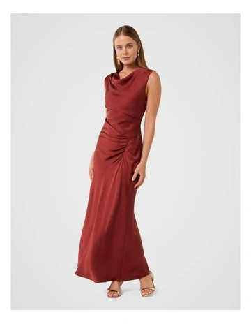 Ava Draped Satin Maxi Dress in Red
