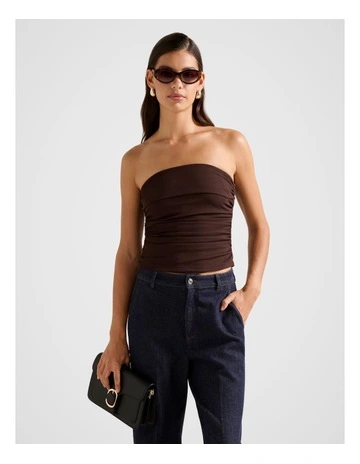 Tayla Ruched Mesh Bandeau Top in Brown
