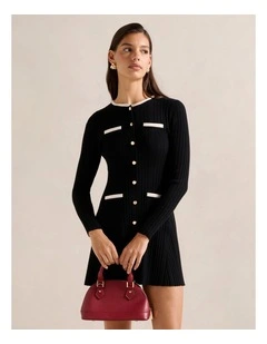 Brielle Fit and Flare Knitted Mini Dress in Black