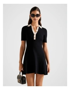 Phoebe Short Sleeves Trim Mini Dress in Black