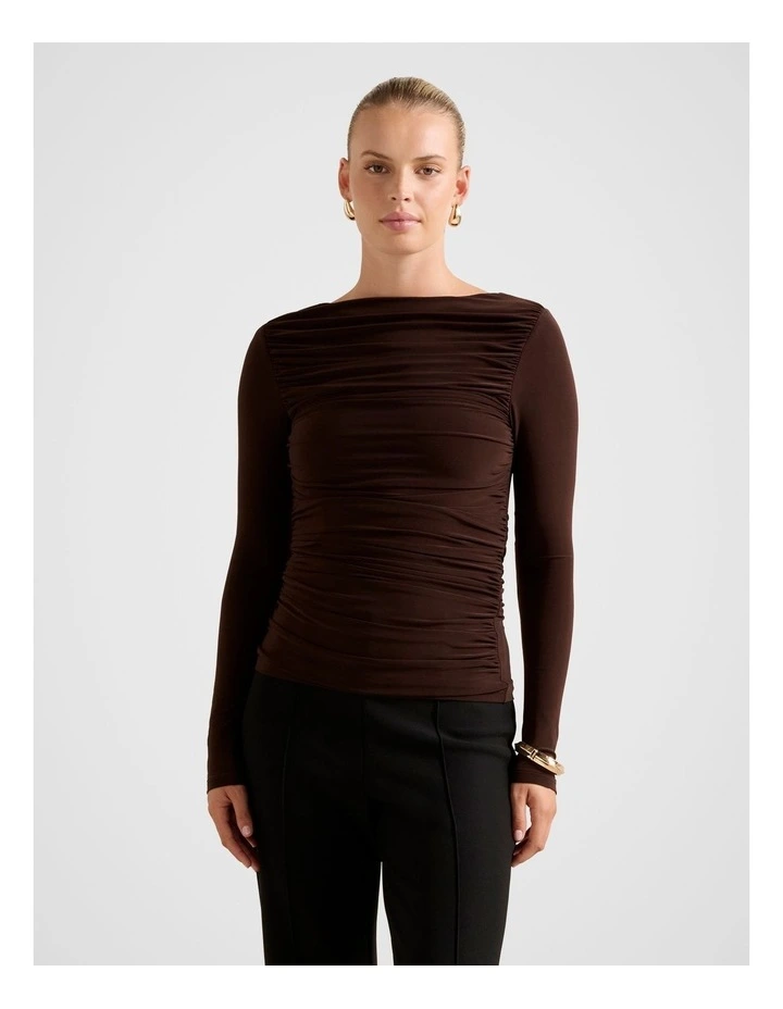 Monica Ruched Boat Neck Top in Brown image 1