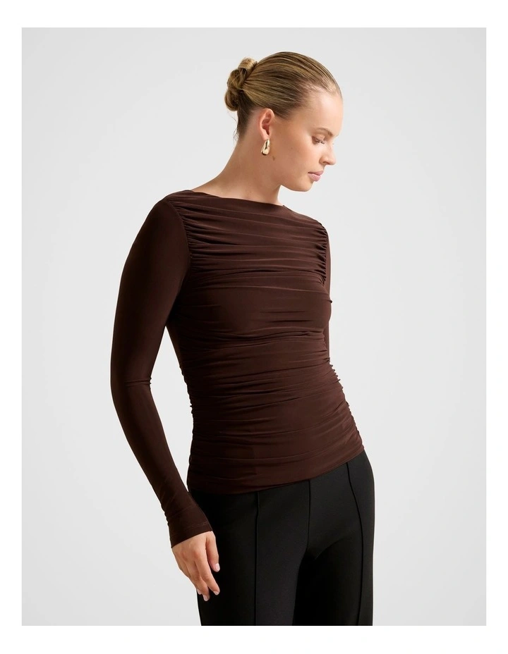 Monica Ruched Boat Neck Top in Brown image 3