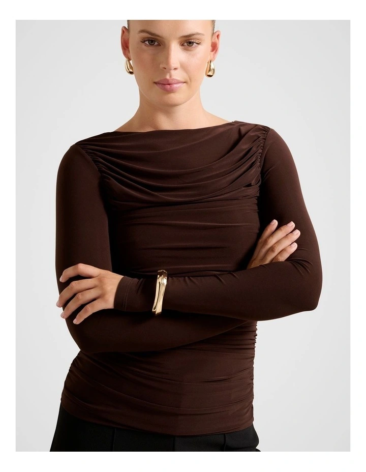 Monica Ruched Boat Neck Top in Brown image 4