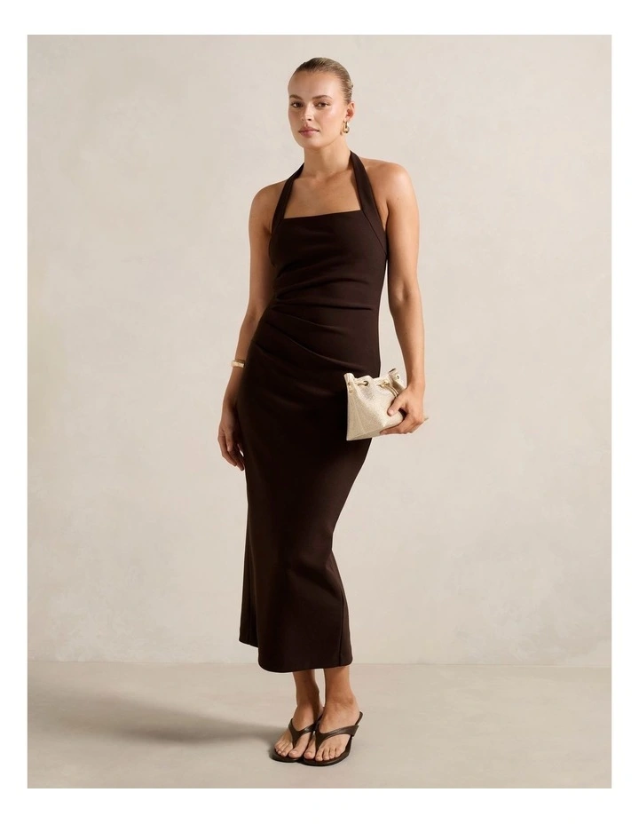 Georgie Halter Neck Ruched Bodycon Dress in Brown image 1