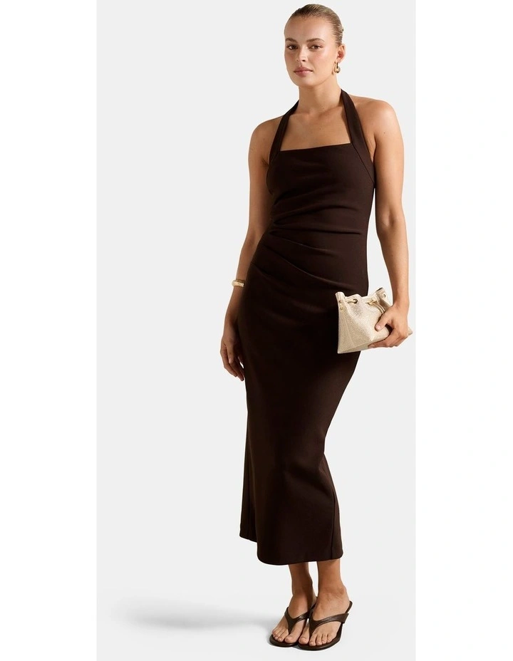 Georgie Halter Neck Ruched Bodycon Dress in Brown image 1