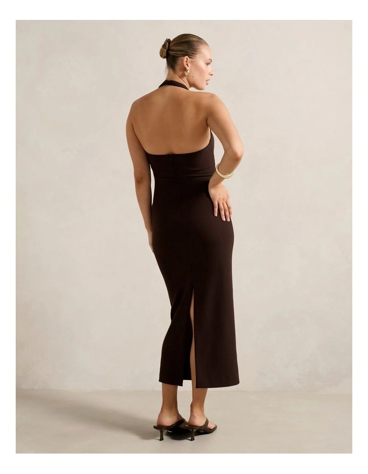 Georgie Halter Neck Ruched Bodycon Dress in Brown image 2