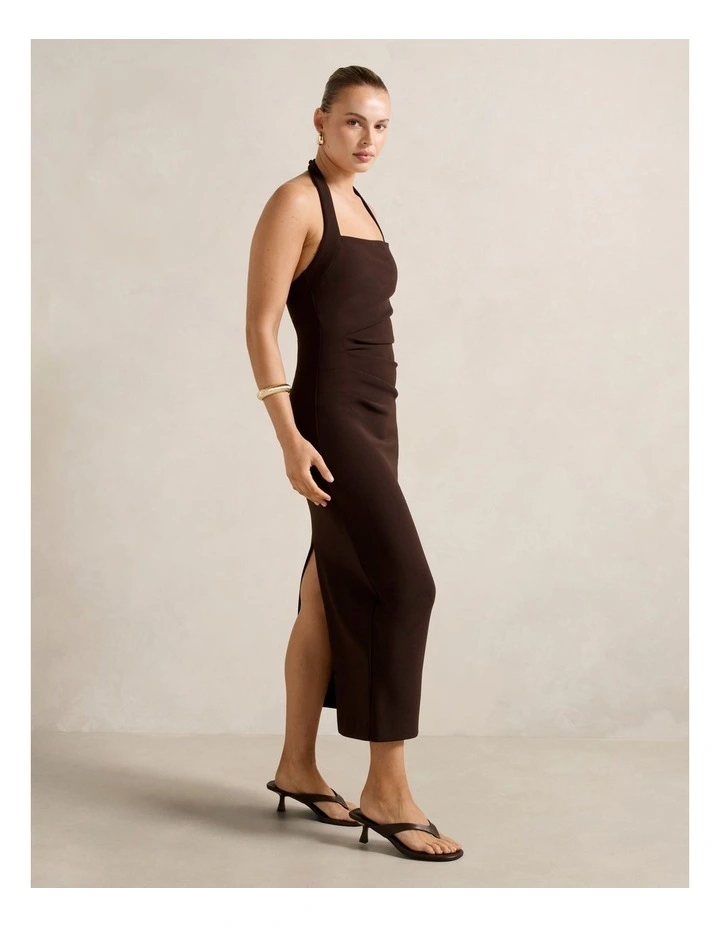 Georgie Halter Neck Ruched Bodycon Dress in Brown image 3