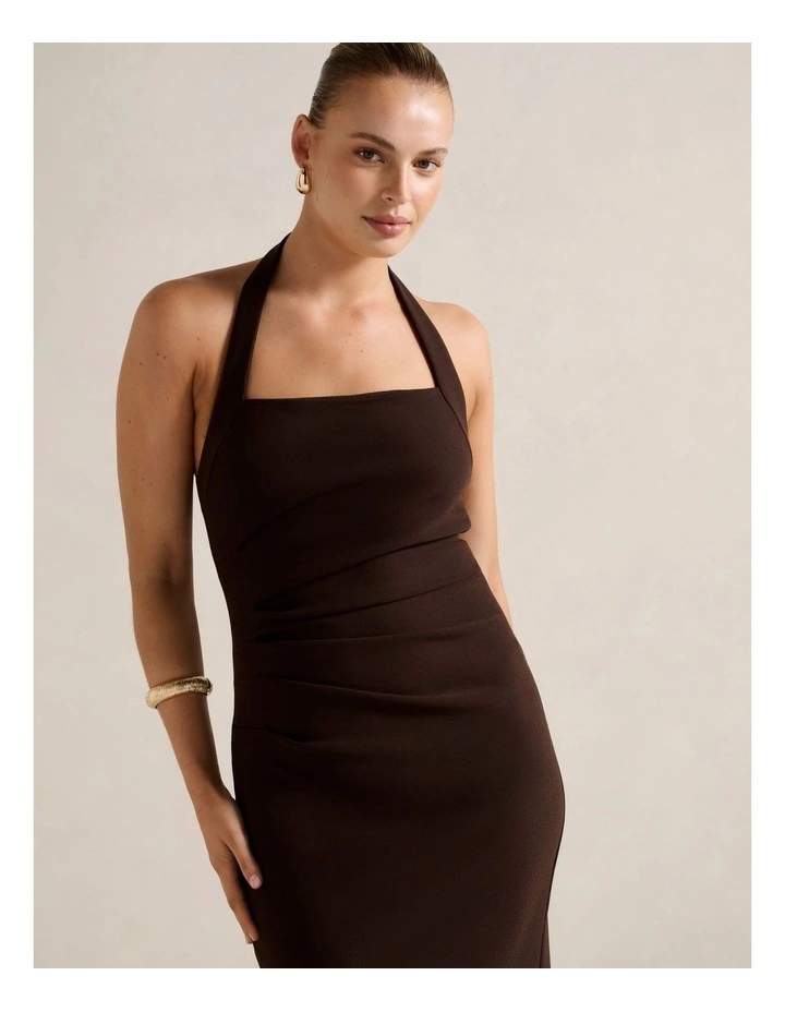 Georgie Halter Neck Ruched Bodycon Dress in Brown image 4