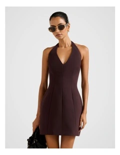 Riley Structured Halter Neck Mini Dress in Brown