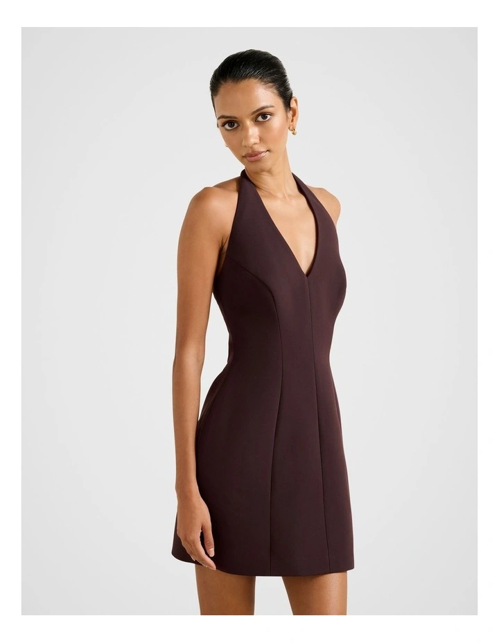 Riley Structured Halter Neck Mini Dress in Brown image 3