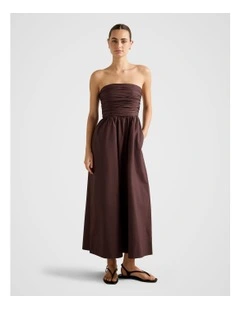 Matisse Ruched Strapless Cotton Midi Dress in Chocolate