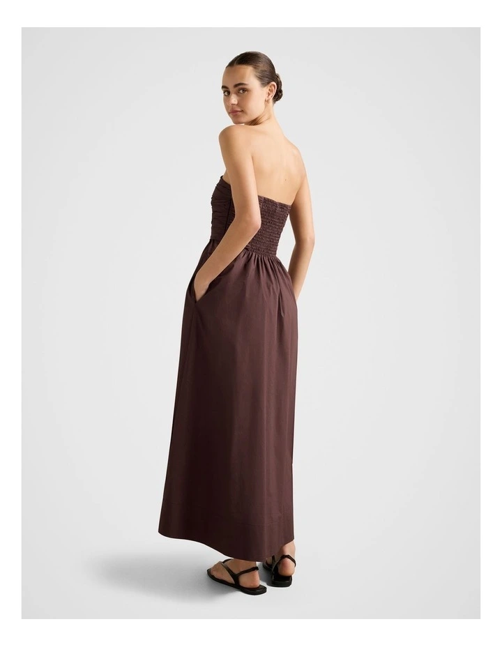 Matisse Ruched Strapless Cotton Midi Dress in Chocolate image 2